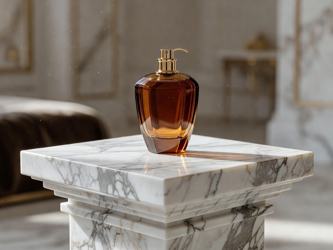 Amber perfume bottle sitting on elegant stone pedestal