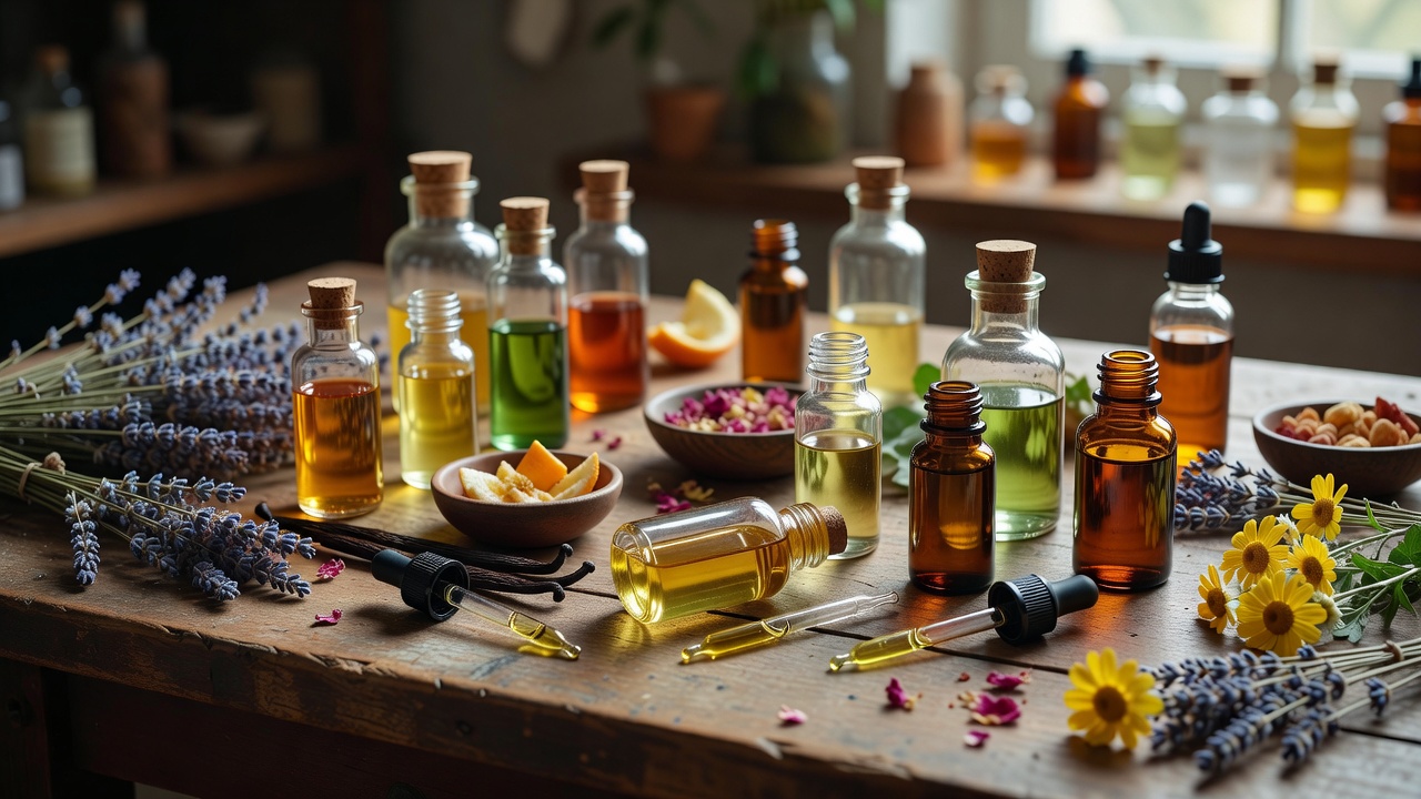 Botanical extracts and essential oils arranged for perfume layering