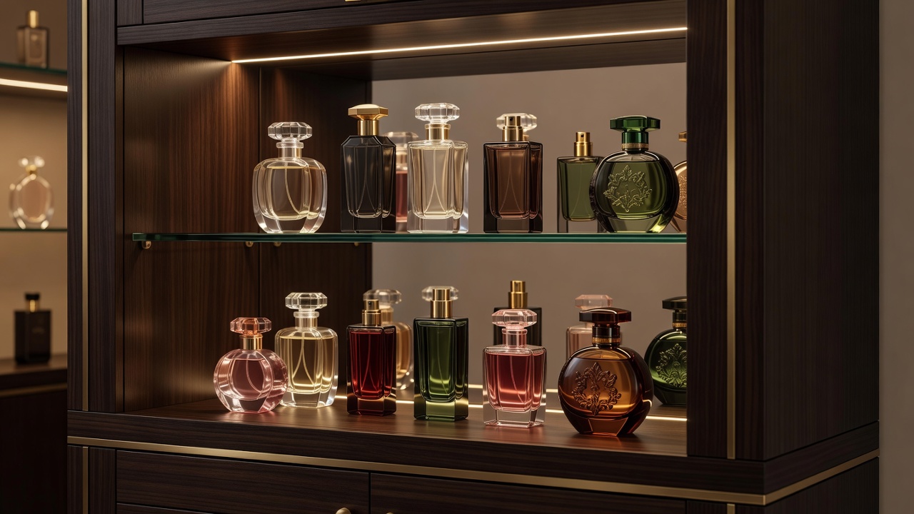 Collection of luxury niche perfume flacons in boutique cabinet