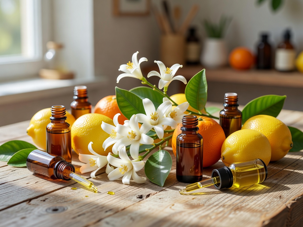 Fresh citrus blossoms and essential oils used for fragrance layering