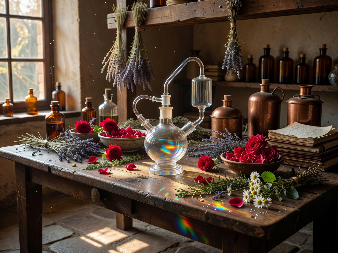 Glass perfume alembic and natural botanicals in a perfumer workshop