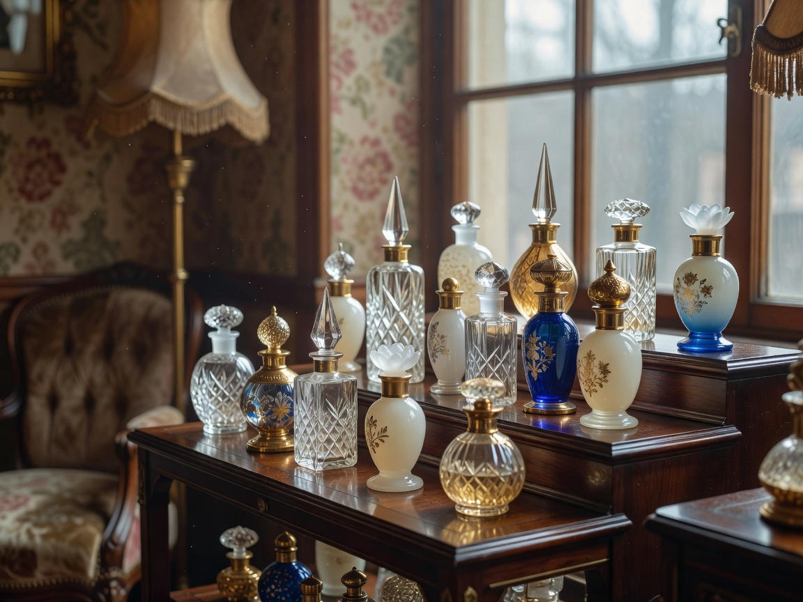 Vintage perfume flacons on display in an boutique shop